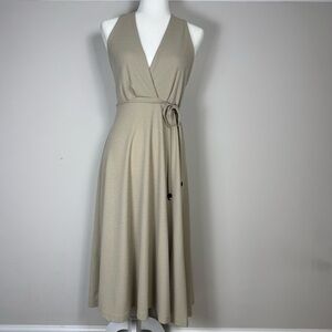 NWT ZARA Women’s linen blend halter neck midi dress with a beaded tie waist, M
